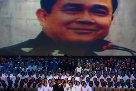 An image of the military junta leader Gen. Prayuth Chan-ocha is displayed on a giant screen during the army-organised concert at Siam Paragon shopping mall on June 26, 2014. (Pic: Khaosod/Facebook)